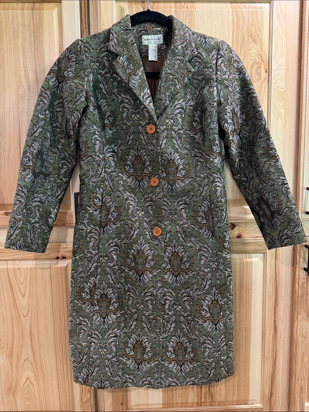Newport News Women’s Sz 8 Tapestry Olive Green Long Sleeve Vintage Eclectic Coat